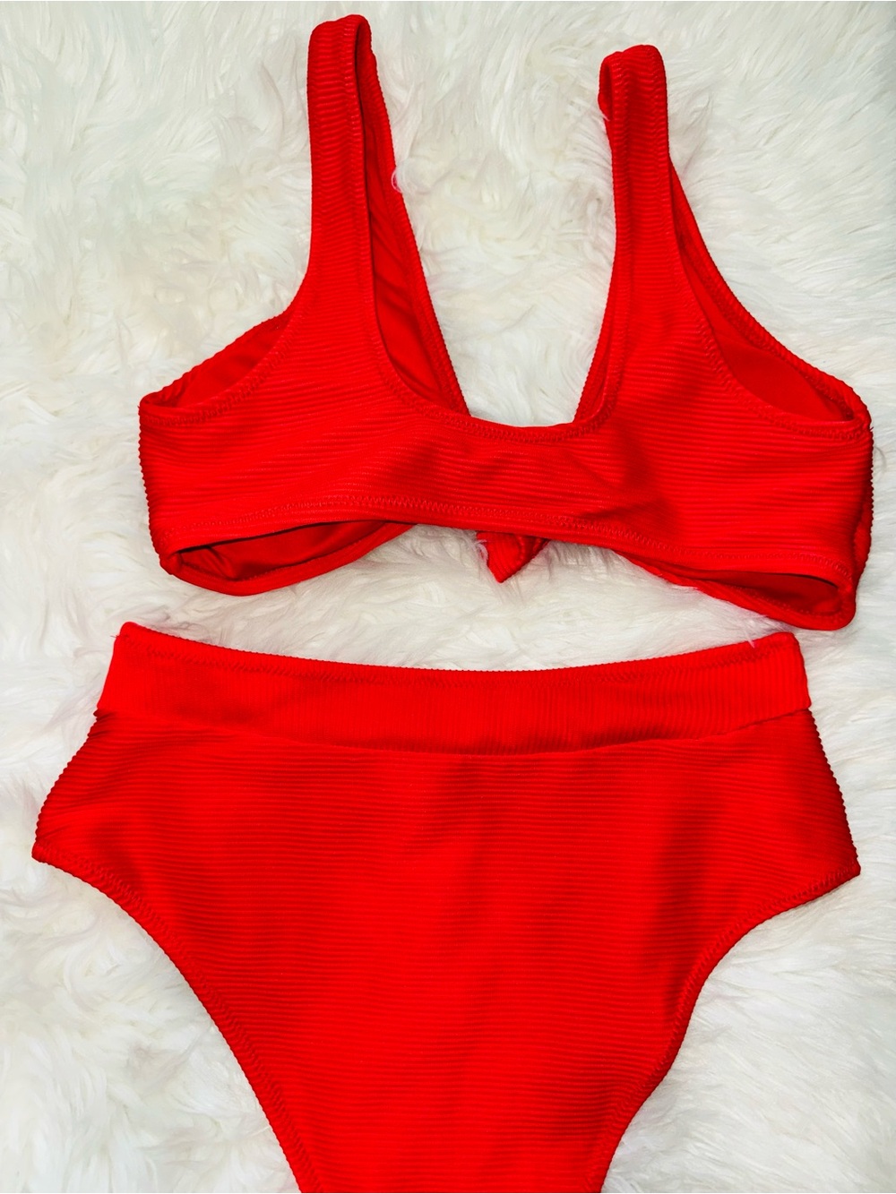 Red Knot Front Ribbed High-Waist Bikini Set - Picture 6 of 9
